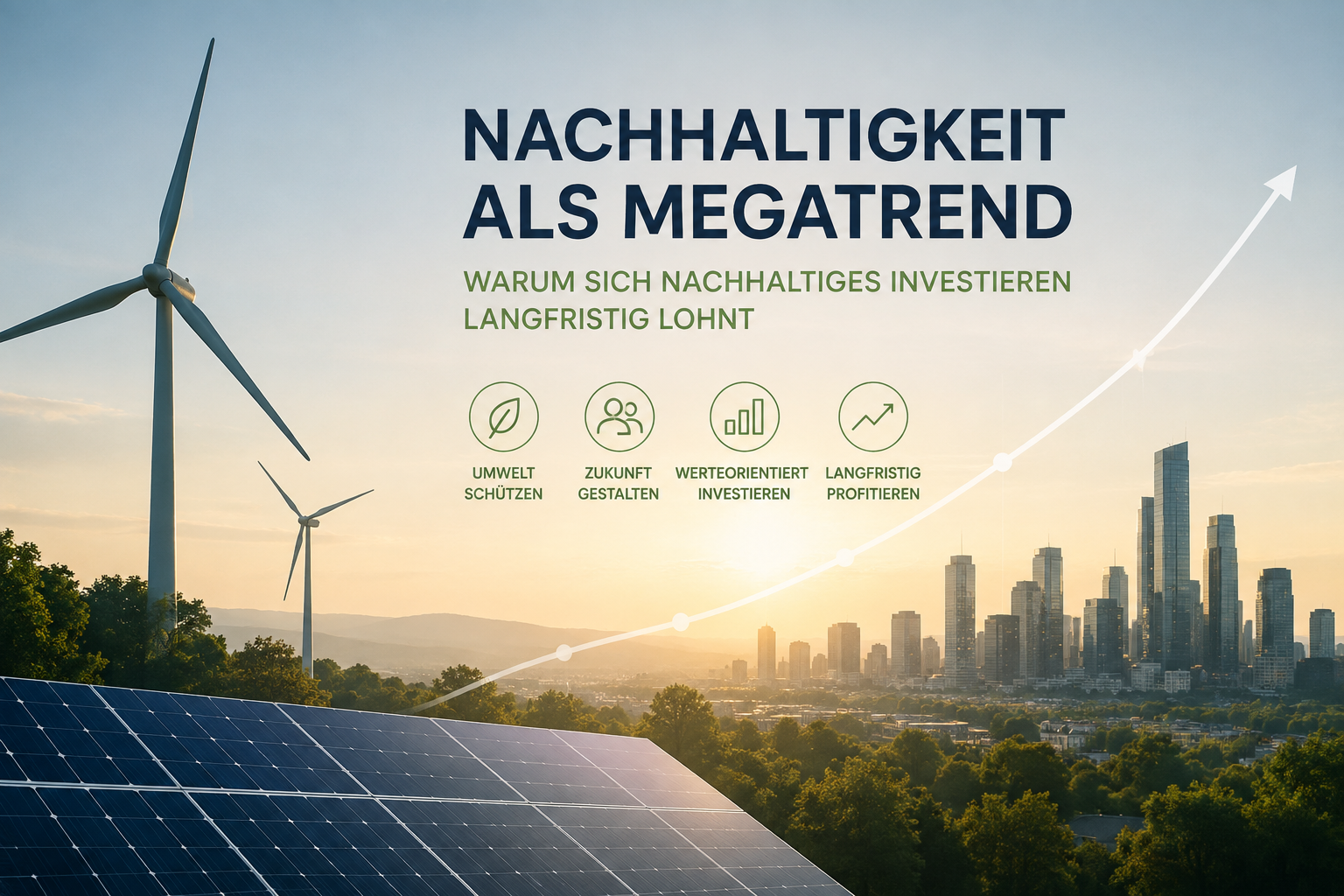 Windräder, Solaranlage und moderne Stadt als Symbol für nachhaltiges Investieren und langfristigen Vermögensaufbau